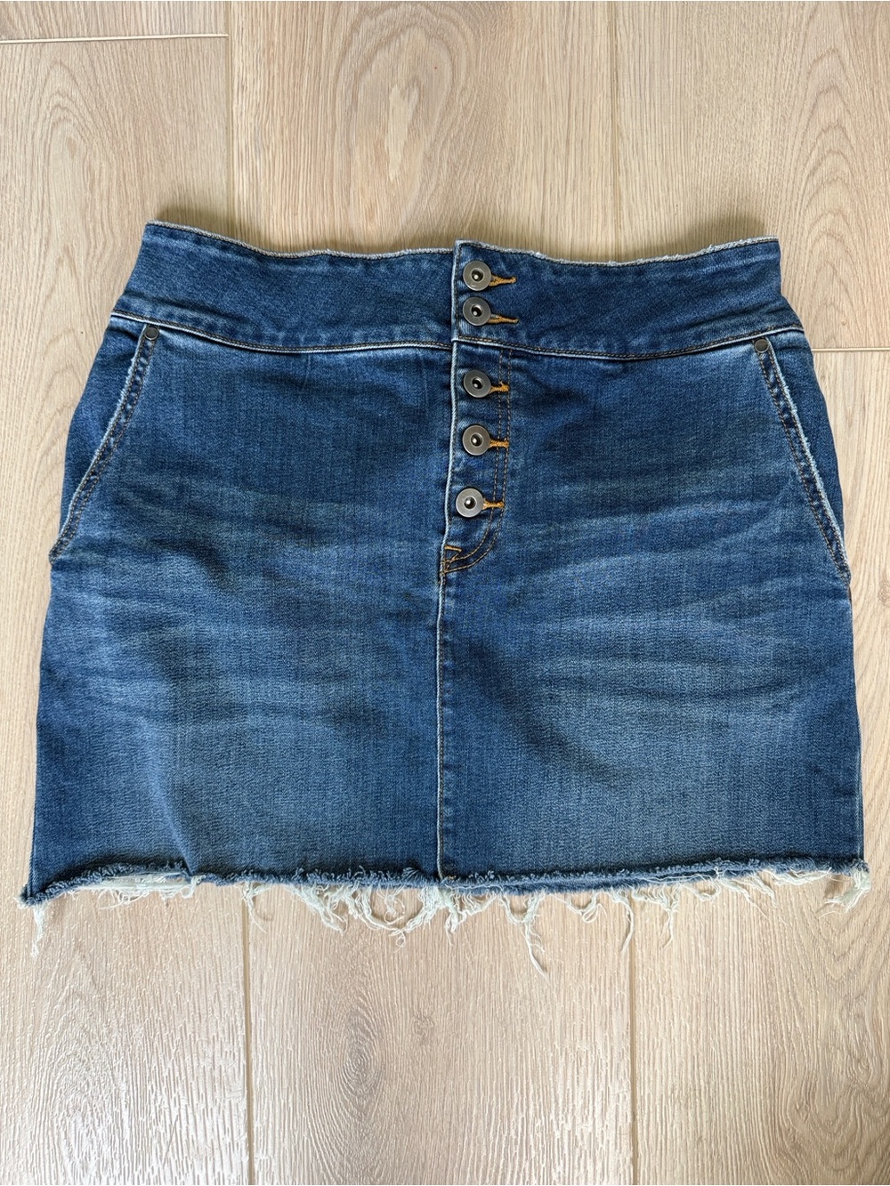 Denim Mini Skirt prAna Button Fly Raw Hem 90s Grunge Streetwear Medium Wash 10
